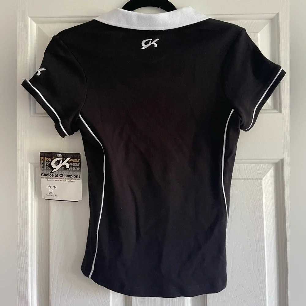 NWT GK Elite Gymnastics Black & White Fitted Polo Shirt Top Size L Kids S Ladies - Picture 2 of 5